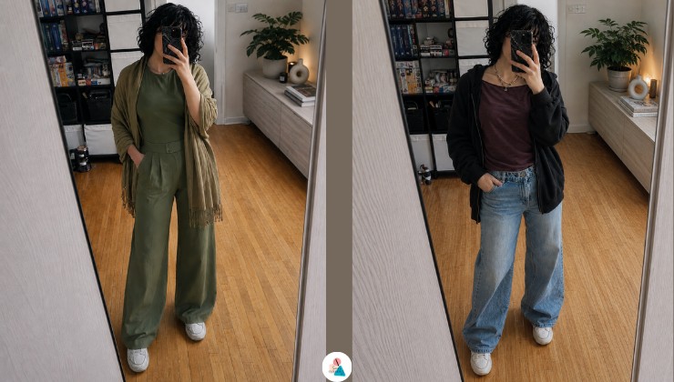 Outfit casual con jeans larghi e felpa leggera